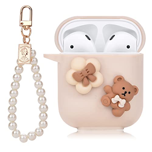 Cute AirPod Case Cartoon Lovely Bear Design with Pearl Chain Soft Protective Cover Compatible with AirPods 2 & 1 Generation for Women and Girls (Brown)