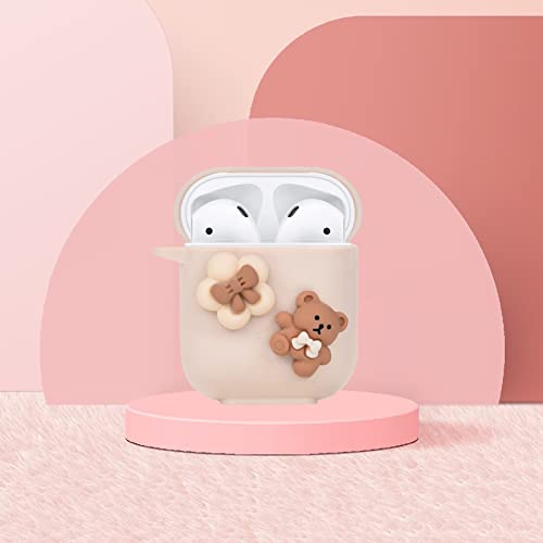 Cute AirPod Case Cartoon Lovely Bear Design with Pearl Chain Soft Protective Cover Compatible with AirPods 2 & 1 Generation for Women and Girls (Brown)