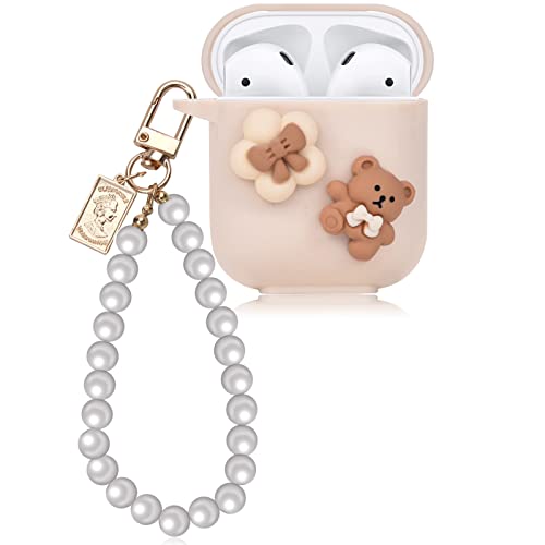 Cute AirPod Case Cartoon Lovely Bear Design with Pearl Chain Soft Protective Cover Compatible with AirPods 2 & 1 Generation for Women and Girls (Brown)