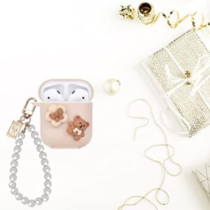 Cute AirPod Case Cartoon Lovely Bear Design with Pearl Chain Soft Protective Cover Compatible with AirPods 2 & 1 Generation for Women and Girls (Brown)