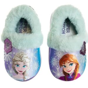 disney girls' frozen slippers - plush fuzzy elsa and anna slippers with non-skid soles (toddler/little kid), size 9/10, purple blue glitter