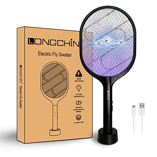 LONGCHIN Bug Zapper Racket USB Rechargeable Electric Fly Swatter with Blue Light Attractant for Home & Outdoor, 3000 Volt, Large Size (Black)