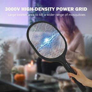 LONGCHIN Bug Zapper Racket USB Rechargeable Electric Fly Swatter with Blue Light Attractant for Home & Outdoor, 3000 Volt, Large Size (Black)