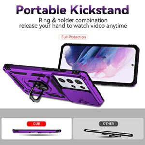 AYMECL for S21 Ultra Case,Galaxy S21 Ultra Case with Slide Camera Cover &[2 Packs] 3D Curved Screen Protector,Built-in 360° Rotate Ring Stand Magnetic Cover Case for Galaxy S21 Ultra 6.8 inch-Purple
