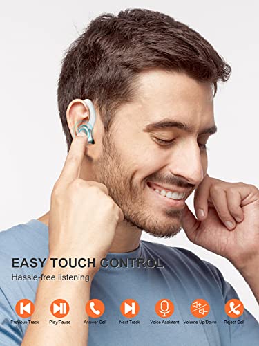 Coucur Wireless Earbuds 5.1 Bluetooth Headphones Sport with Two Detachable Earhooks in Ear Wireless Earphones Noise Cancelling Touch Control, 30H Playtime Deep Bass IP7 Waterproof Headset