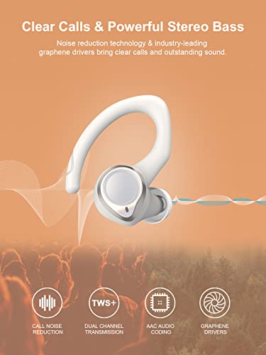 Coucur Wireless Earbuds 5.1 Bluetooth Headphones Sport with Two Detachable Earhooks in Ear Wireless Earphones Noise Cancelling Touch Control, 30H Playtime Deep Bass IP7 Waterproof Headset