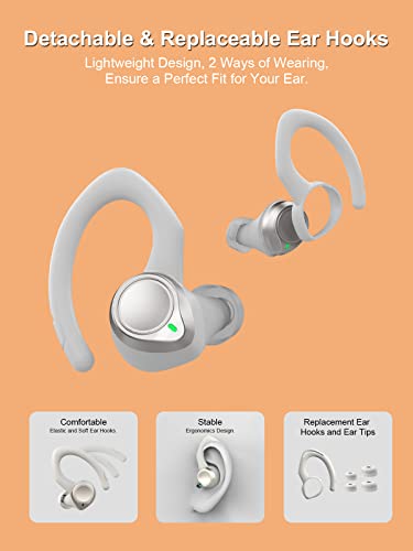 Coucur Wireless Earbuds 5.1 Bluetooth Headphones Sport with Two Detachable Earhooks in Ear Wireless Earphones Noise Cancelling Touch Control, 30H Playtime Deep Bass IP7 Waterproof Headset