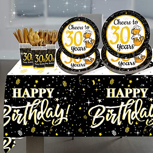 30th birthday decorations for him her - (Total 169pcs) black gold Birthday supplies Plates and Napkins, Cups, Knives, Forks, Spoons Included, tablecloth, Disposable Tableware for 24 Guests