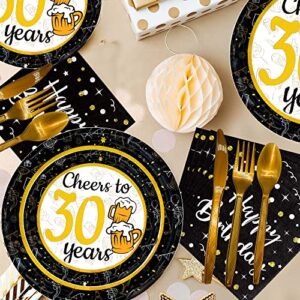 30th birthday decorations for him her - (Total 169pcs) black gold Birthday supplies Plates and Napkins, Cups, Knives, Forks, Spoons Included, tablecloth, Disposable Tableware for 24 Guests