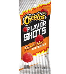 cheeto flavor shots flamin hot asteroids flavored corn puffs made with real cheese 20 count