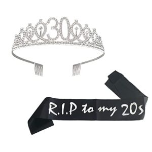 joyiou 30th birthday sash and tiara set, funny 30th birthday gift for women, rip to my 20s sash, 30 years old birthday party decorations, death to my youth party supplies favor supplies