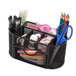 mesh pen holder, desk organizer for desk pencil holder with 8 compartments and 1 drawer desk supplies for office home 1 pc