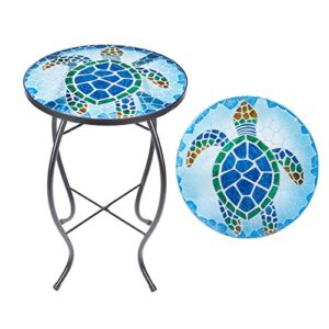 VCUTEKA Patio Side Table Outdoor Accent Table Bistro Coffee Table Plant End Table Small Porch Table Indoor Round Glass Balcony Plant Table Stands Sea Turtle