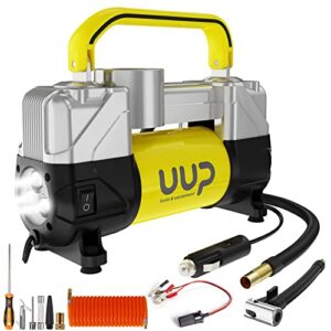 uup tire inflator air compressor, 150psi 12v dc double cylinders heavy duty portable air pump w/emergency led light for truck, suv, car, rv