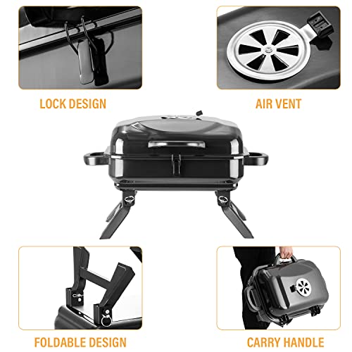 Diophros Folded Charcoal BBQ Grill, Household Portable Outdoor Barbecue Stove Set Charcoal For Camping, 16", Black