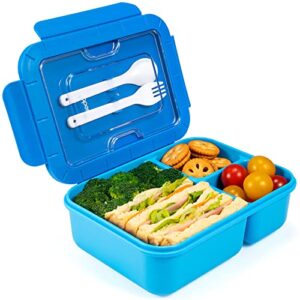 caperci premium bento box adult lunch box for older kids - leakproof 44 oz 3-compartment lunch containers for adults and teens, ergonomic design, built-in utensil set & bpa free (blue)