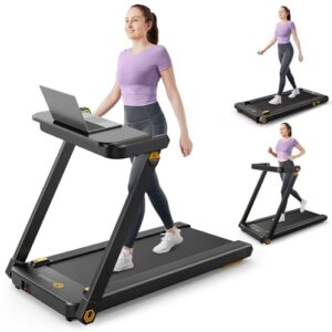 urevo treadmill with desk, 3 in 1 foldable treadmill with removable desk, install free under desk treadmill, 3hp powerful walking treadmill for office with remote, folding treadmill in 2s folding