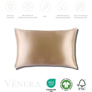 VÉNERA Silk Pillowcase - 22 Momme 100% Pure Mulberry Silk for Hair and Skin, Envelope Closure, Both Sided 22 Momme Grade 6A Silk, Soft&Hypoallergenic (Standard 20''x26'', Caramel)