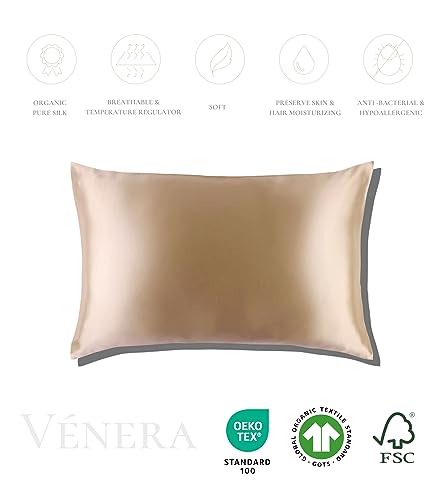 VÉNERA Silk Pillowcase - 22 Momme 100% Pure Mulberry Silk for Hair and Skin, Envelope Closure, Both Sided 22 Momme Grade 6A Silk, Soft&Hypoallergenic (Standard 20''x26'', Caramel)