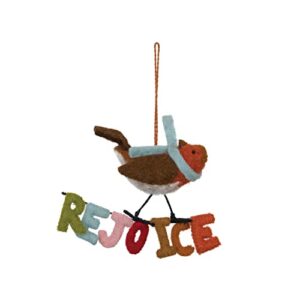 creative co-op wool felt bird with scarf ornament with "rejoice" message, multicolor