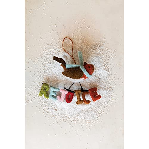 Creative Co-Op Wool Felt Bird With Scarf Ornament with "Rejoice" Message, Multicolor