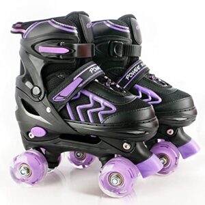 kids roller skates for girls ages 6-12, black&purple 4 sizes adjustable boys roller skates with light up wheels medium size