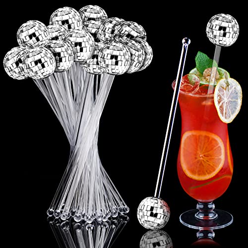 Sawysine 24 Pcs Disco Balls Cocktail Stirrers Plastic Round Top Swizzle Sticks Cake Pops Mirror Ball Coffee Beverage Stirrers for Home Bar Coffee Shop Use (Transparent)