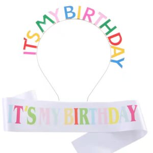 jiahang letters birthday tiara headband&sash for girls women, it's my birthday crown headband and sash set, birthday girl headband gifts, sweet happy birthday accessories