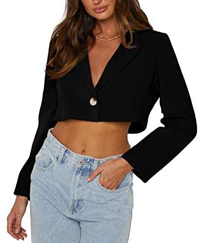 GAMISOTE Blazer Jackets for Women Cropped Boyfriend Button Up Lightweight Work Casual Outfit Black