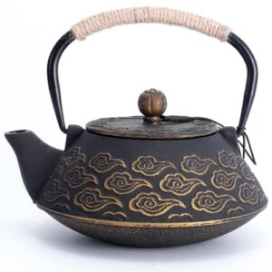 milvbusiss cast iron teapot, japanese tea pot with infuser for loose leaf, tea kettle stovetop safe coated with enameled interior, clouds pattern 27oz, 800ml black