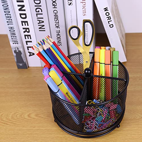 Flytreal Mesh Rotating Desk Organizer, Black Pen Pencil Holder Metal Desktop Stationery Storage Caddy, 4 Compartments Large Capacity Organizer for Home Office School Art Supplies