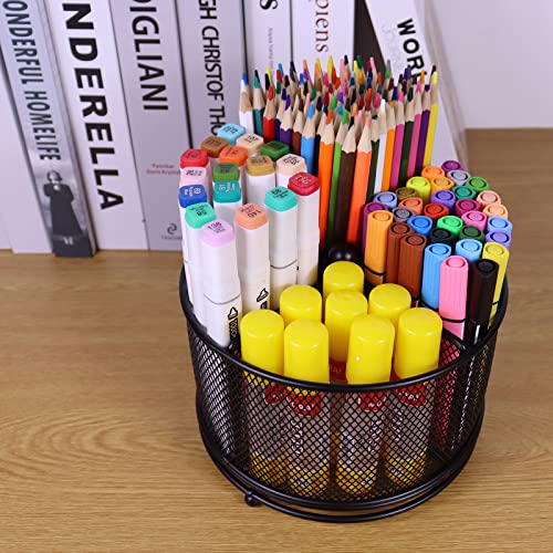 Flytreal Mesh Rotating Desk Organizer, Black Pen Pencil Holder Metal Desktop Stationery Storage Caddy, 4 Compartments Large Capacity Organizer for Home Office School Art Supplies