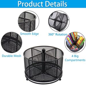 Flytreal Mesh Rotating Desk Organizer, Black Pen Pencil Holder Metal Desktop Stationery Storage Caddy, 4 Compartments Large Capacity Organizer for Home Office School Art Supplies