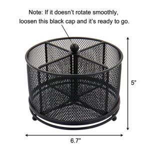 Flytreal Mesh Rotating Desk Organizer, Black Pen Pencil Holder Metal Desktop Stationery Storage Caddy, 4 Compartments Large Capacity Organizer for Home Office School Art Supplies