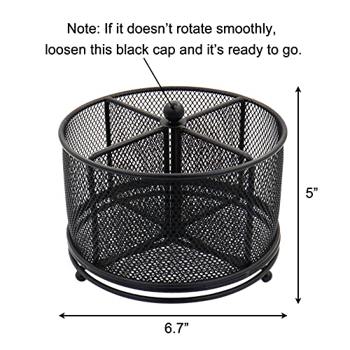 Flytreal Mesh Rotating Desk Organizer, Black Pen Pencil Holder Metal Desktop Stationery Storage Caddy, 4 Compartments Large Capacity Organizer for Home Office School Art Supplies