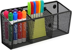 maxgear magnetic pen holder, mesh pencil holder for desk storage basket organizer magnetic marker holder - extra strong magnets perfect for locker accessories, whiteboard, school, office, 3 baskets