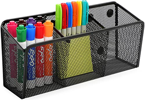 MaxGear Magnetic Pen Holder, Mesh Pencil Holder for Desk Storage Basket Organizer Magnetic Marker Holder - Extra Strong Magnets Perfect for Locker Accessories, Whiteboard, School, Office, 3 Baskets