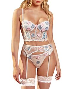 wdirara women's floral lace push up garter lingerie set with stockings white m