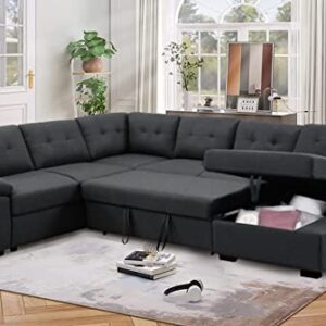 asunflower Sleeper Couch Sectional Sofa with Pull Out Sofa Bed for Living Room 6 Seater Sleeper Sectional Couch with Storage Chaise U Shape Modular Sectional Sofa Bed,Dark Gray