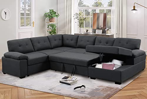 asunflower Sleeper Couch Sectional Sofa with Pull Out Sofa Bed for Living Room 6 Seater Sleeper Sectional Couch with Storage Chaise U Shape Modular Sectional Sofa Bed,Dark Gray