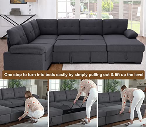 asunflower Sleeper Couch Sectional Sofa with Pull Out Sofa Bed for Living Room 6 Seater Sleeper Sectional Couch with Storage Chaise U Shape Modular Sectional Sofa Bed,Dark Gray