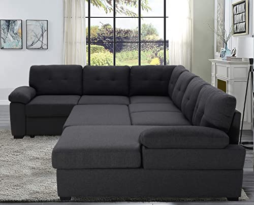 asunflower Sleeper Couch Sectional Sofa with Pull Out Sofa Bed for Living Room 6 Seater Sleeper Sectional Couch with Storage Chaise U Shape Modular Sectional Sofa Bed,Dark Gray