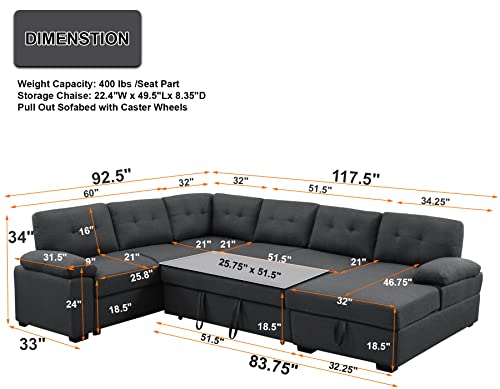 asunflower Sleeper Couch Sectional Sofa with Pull Out Sofa Bed for Living Room 6 Seater Sleeper Sectional Couch with Storage Chaise U Shape Modular Sectional Sofa Bed,Dark Gray