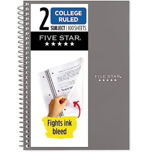 five star small spiral notebook, 2 subject, college ruled paper, 9-1/2" x 6", 100 sheets, gray (840004aa3)