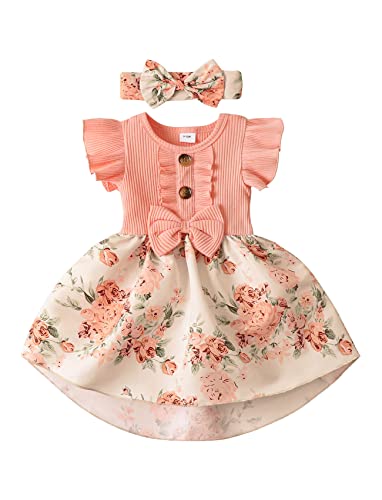 Newborn Baby Girl Dress Floral Ruffle Sleeve Casual Beach Sundress Princess Skirt Clothes Summer Outfits Dresses for Girls (Pink, 0-3 Months)