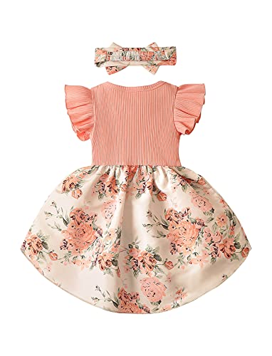 Newborn Baby Girl Dress Floral Ruffle Sleeve Casual Beach Sundress Princess Skirt Clothes Summer Outfits Dresses for Girls (Pink, 0-3 Months)