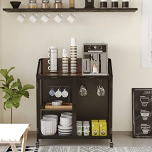 easyzon industrial coffee bar cabinet, rolling liquor cabinet bar for home with metal mesh doors, bar unit on wheels