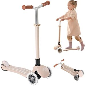momnlittle foldable scooter with led light-up 3 wheel for kids ages 3-10 (beige) adjustable height kick scooter for toddler