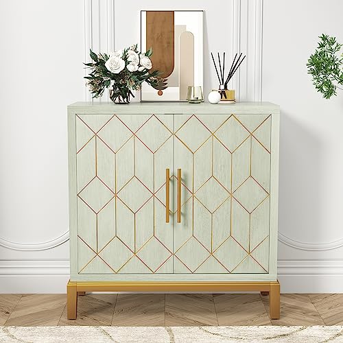 ARTPOWER Accent Cabinet with Doors, Modern Wooden Sideboard, Carved Decorative Storage Cabinets for Bedroom, Living Room, Kitchen, Office, and Hallway, Green with Gold Legs