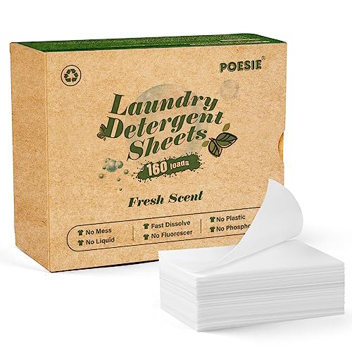 Poesie Laundry Detergent Sheets Fresh Scent Eco-Friendly 160 Sheets Clear Plastic-Free Hypoallergenic Liquid Less Washing Sheets for Home Dorm Travel Camping & Hand Washing Clean No Waste